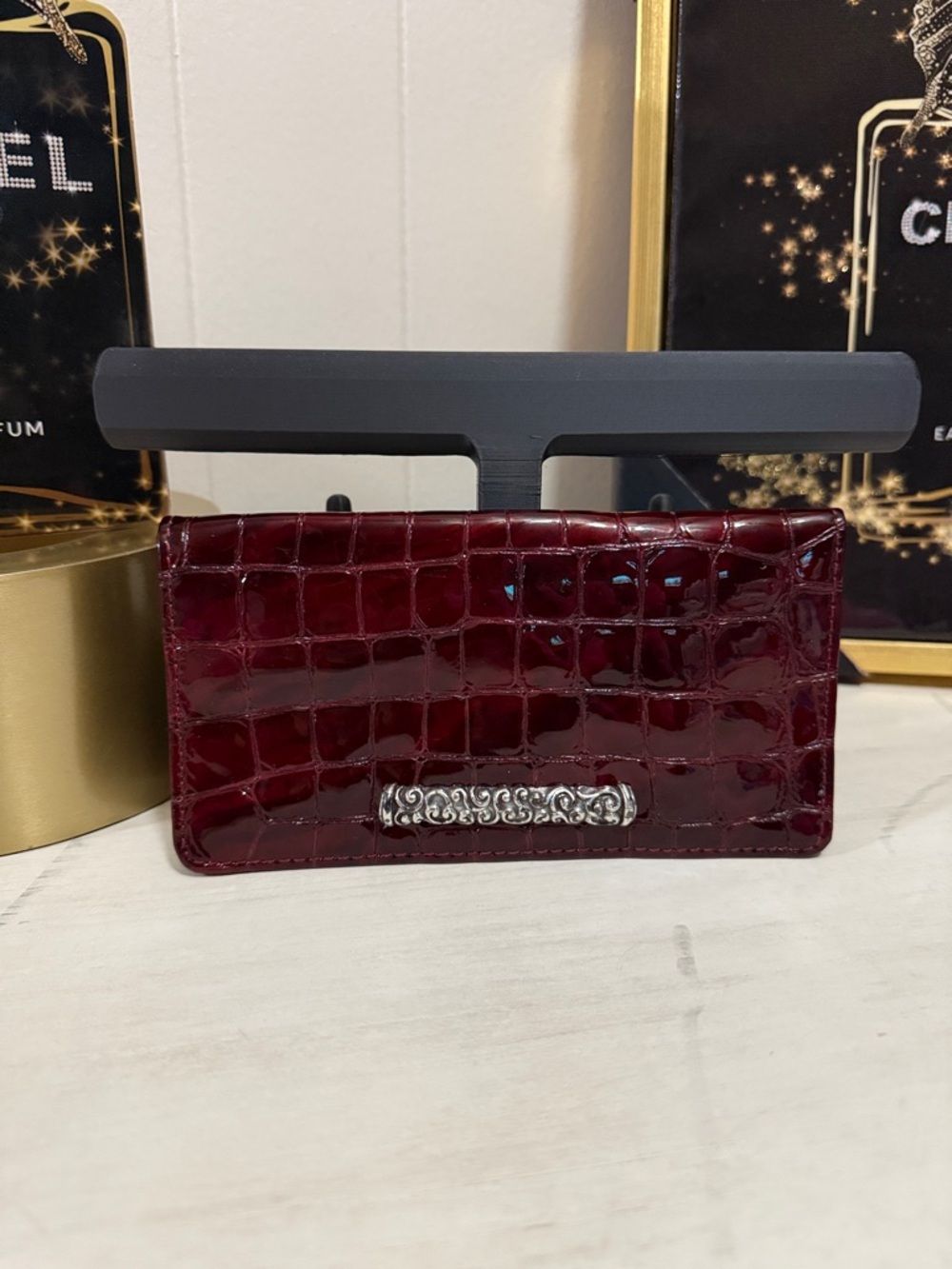 Brighton “Cher” Croc-Embossed Burgundy Wallet with Silver Accent